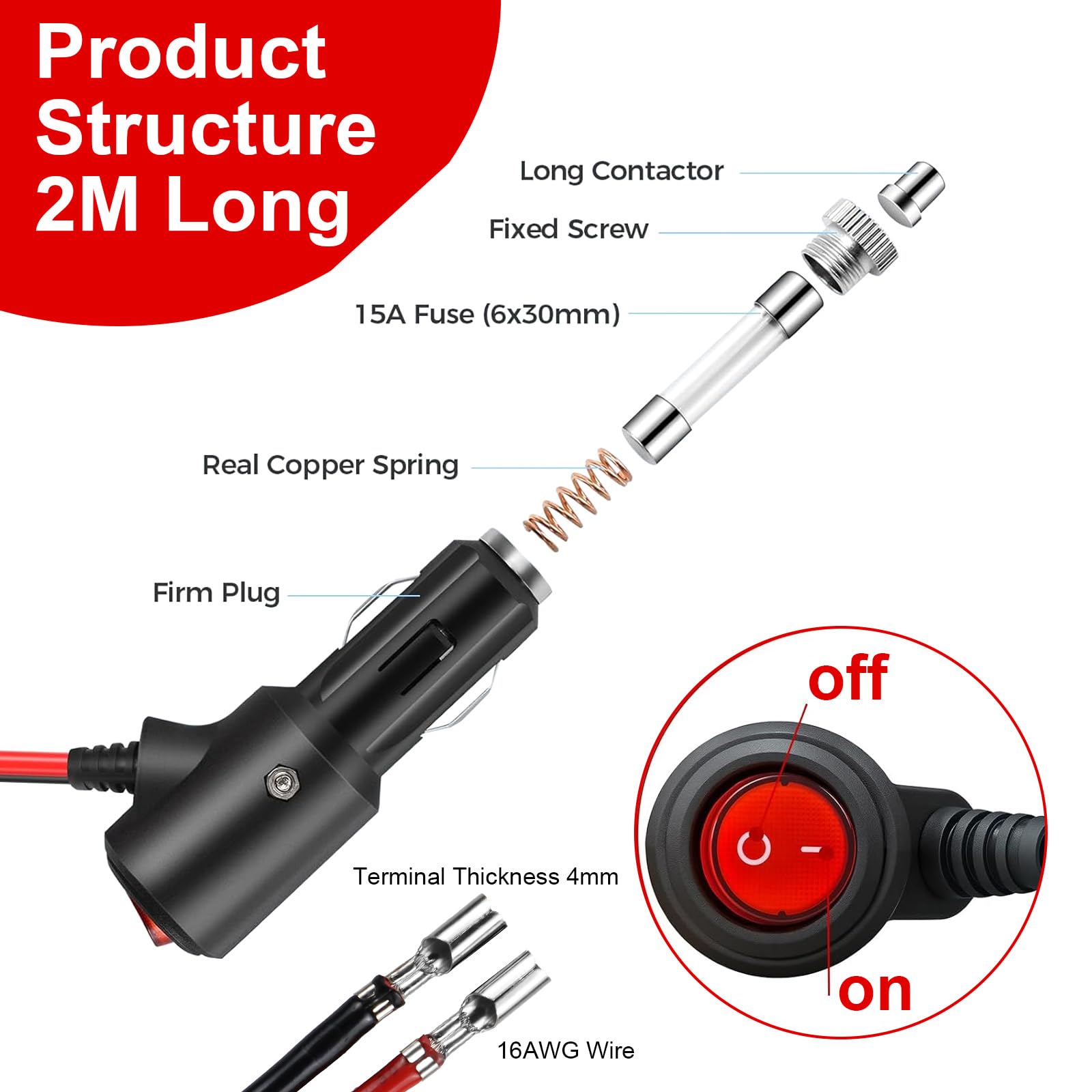 Wtyczka do zapalniczki samochodowej z przełącznikiem 2 m - 12 V/24 V przedłużacz 16AWG miedziany z bezpiecznikiem LED i 15 A, adapter samochodowy do samochodu, kampera, łodzi, motocykla