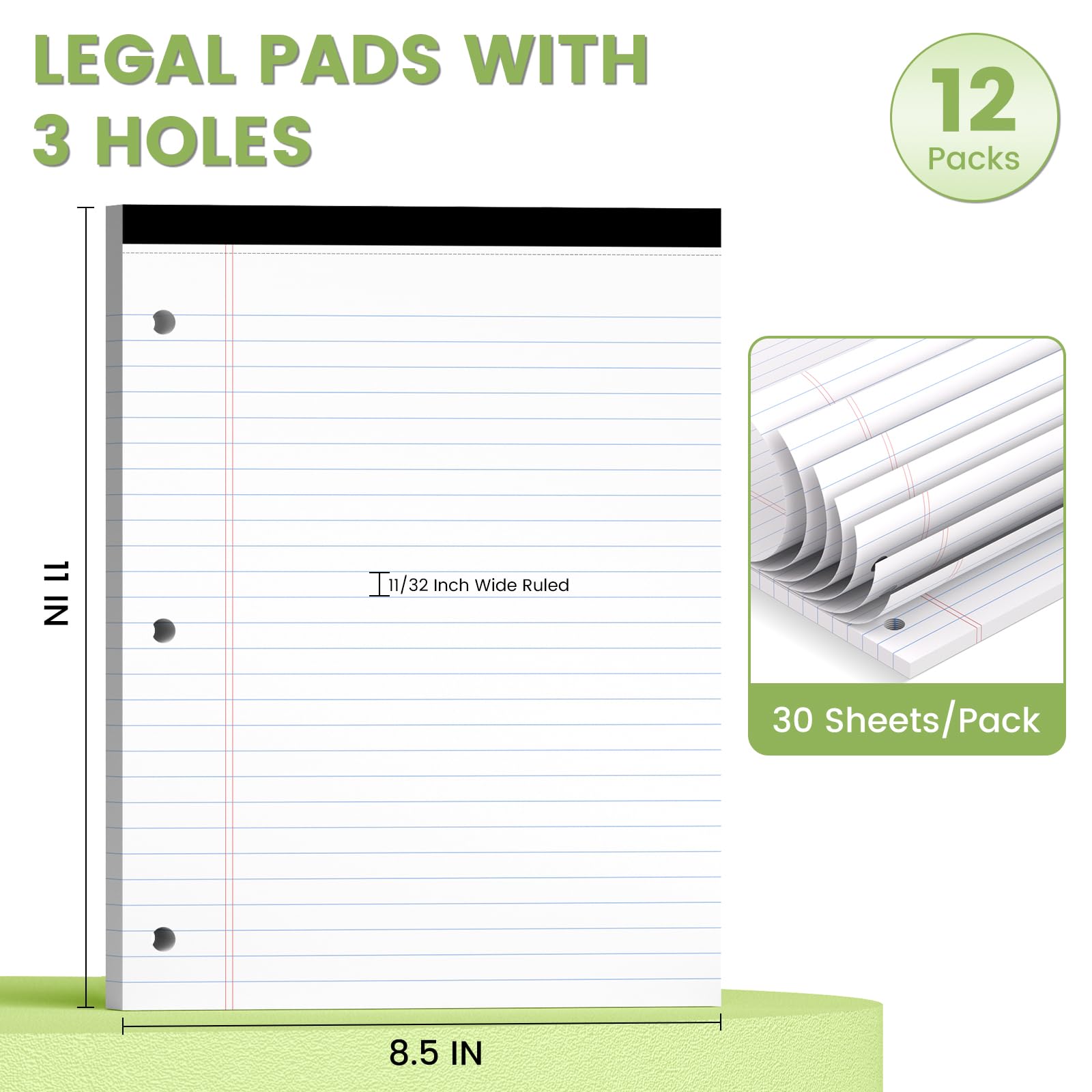 Lot de 12 blocs juridiques blancs de 21,6 x 27,9 cm, larges lignés avec perforation à 3 trous, feuilles mobiles pour classeurs à 3 anneaux, 30 feuilles/paquet, perforés pour l'école, le