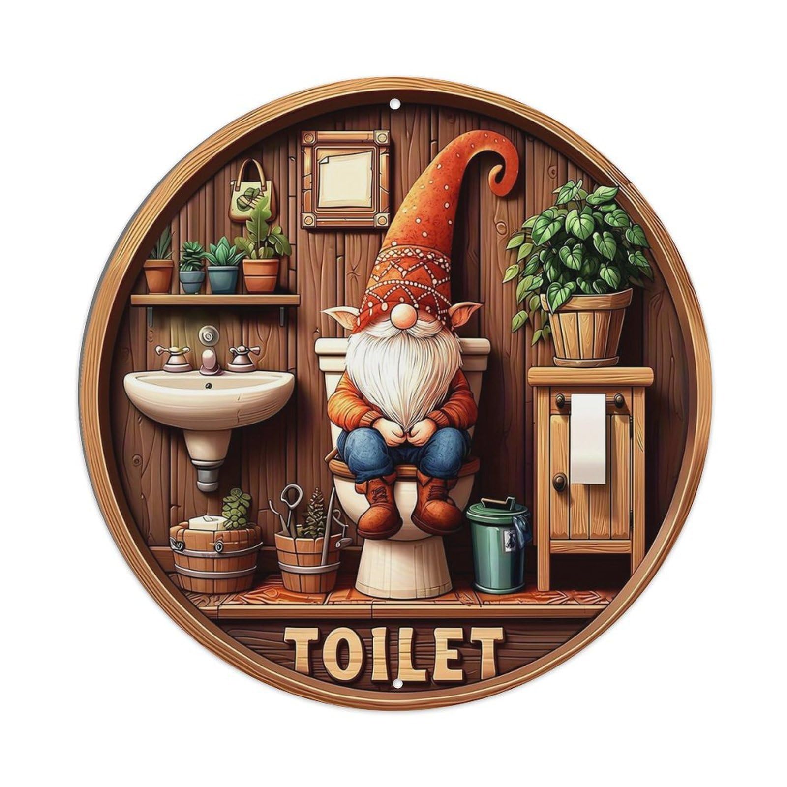 Gnome Toilet Wood Plant Sink Tin Sign Metal Poster Vintage Metal Signs for Home Man Cave Bar Cafe Kitchen laundry room Wall Decorations Gift 8x8Inch