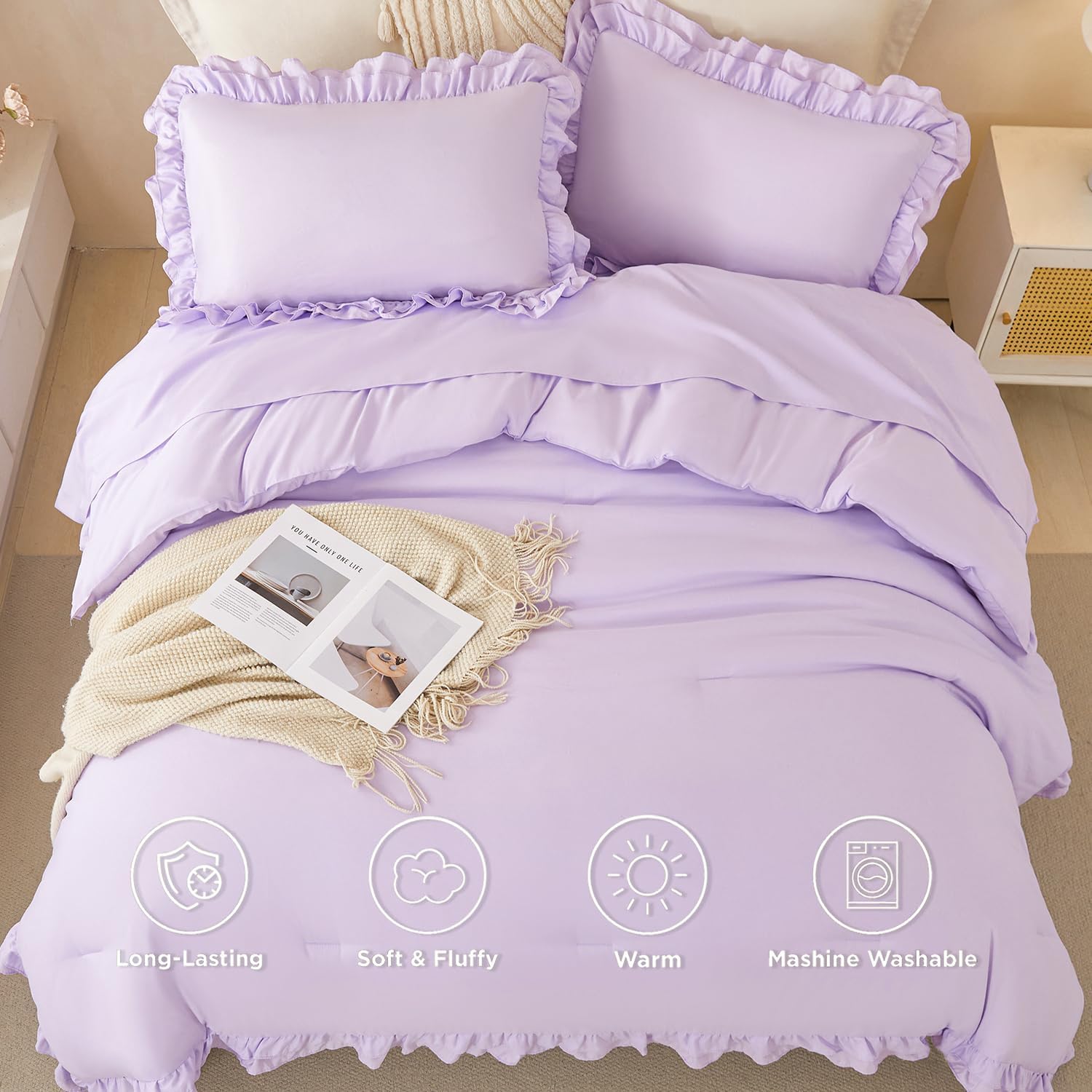 PERFEMET Lavender Ruffled Queen Comforter Set Purple Ruffle Comforter Shabby Chic Bedding Solid Color Soft All-Season 5 PCS Bed in A Bag with Sheets for Women (Purple, Queen)