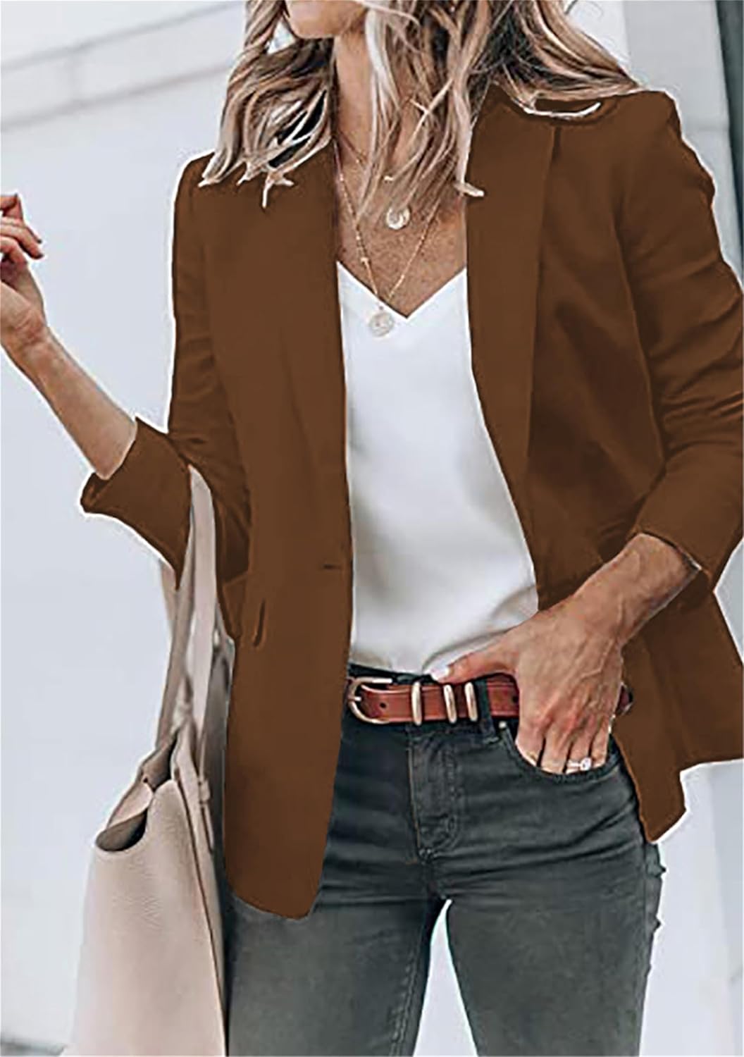 Women's Lapel Collar Open Front Jackets Long Sleeve Business Blazer Casual Work Office Outfit with Side Pocket