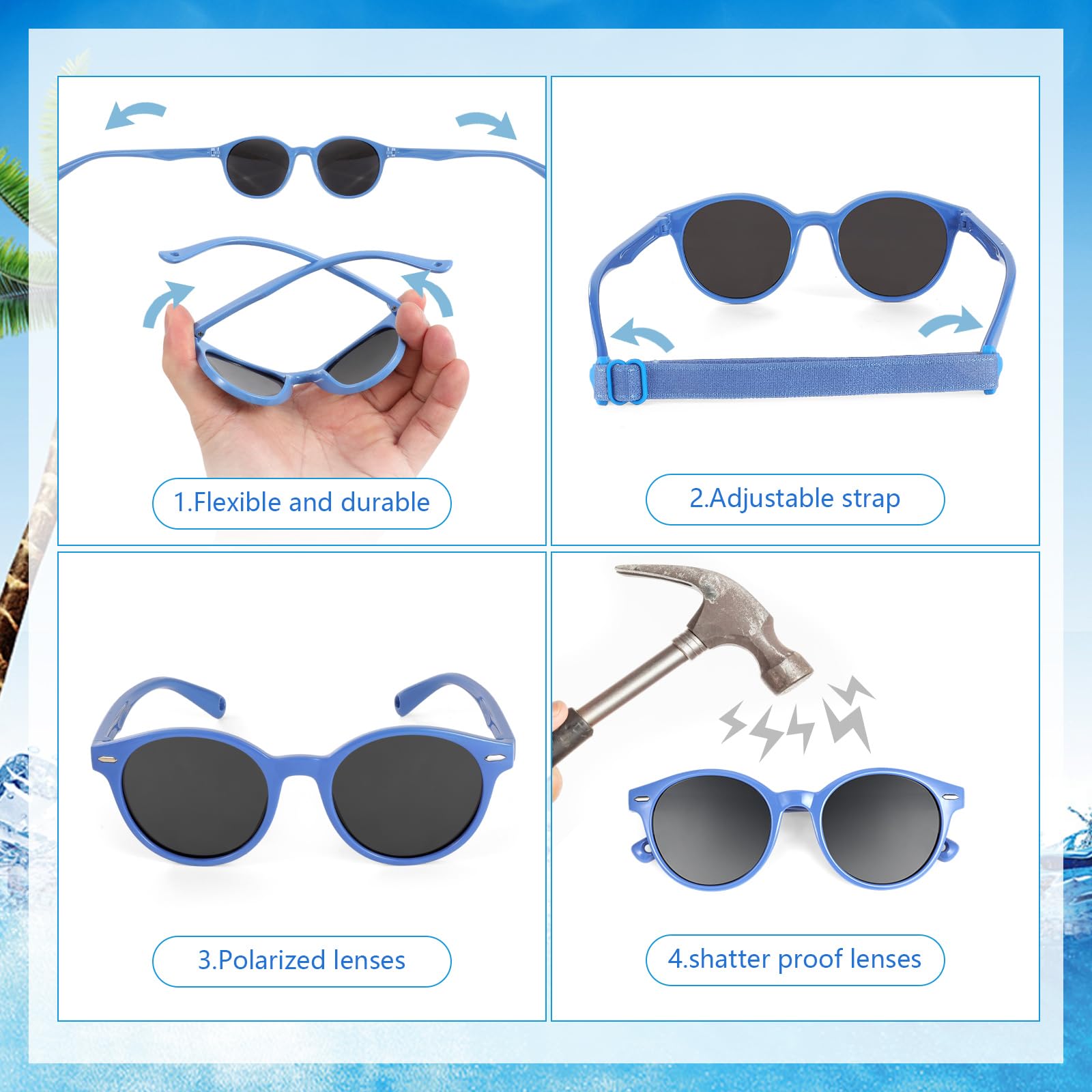 Gafas Sol Niño Niña Polarizadas UV400 Protección Rayos Gafas de Sol Infantiles Flexible Gafas de sol con Correa Funda de Gafas - De 3años a 10años