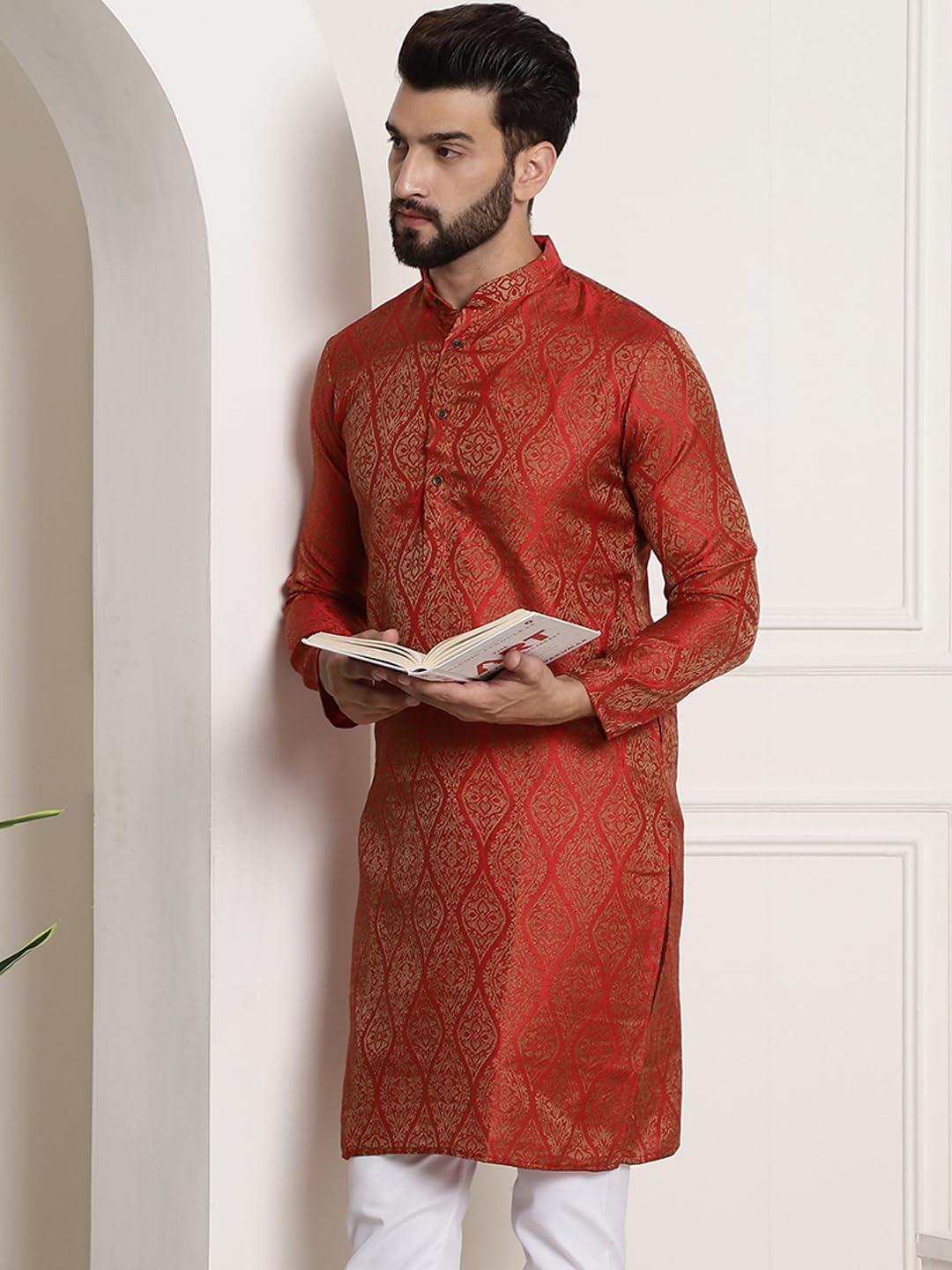 Sojanya (Since 1958 Men's Silk Blend Red Color Self Design Only Long Kurta