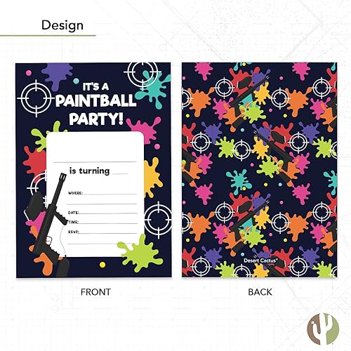 Miniatura 4 de Desert Cactus Paintball - Invitaciones de feliz cumpleaños estilo 2 tarjetas de invitación (10 unidades) con sobres para niños y niñas (10 unidades)
