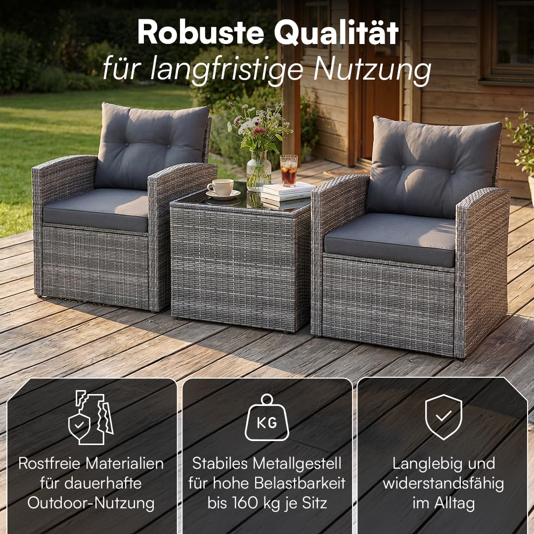 STEELSØN Selaria Rattan Gartenmöbel – Sitzgarnitur 2 Gartenstühle & 1 Tisch – Outdoor-Sitzgruppe grau – Gartensessel wetterfest 2 Personen – Gartenset mit Sitzkissen – Balkonset – Terrassenmöbel