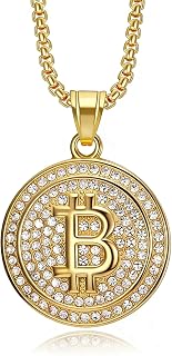 Bitcoin Collier avec pendentif strass Bitcoin Collier hip hop punk pour hommes et femmes - Or