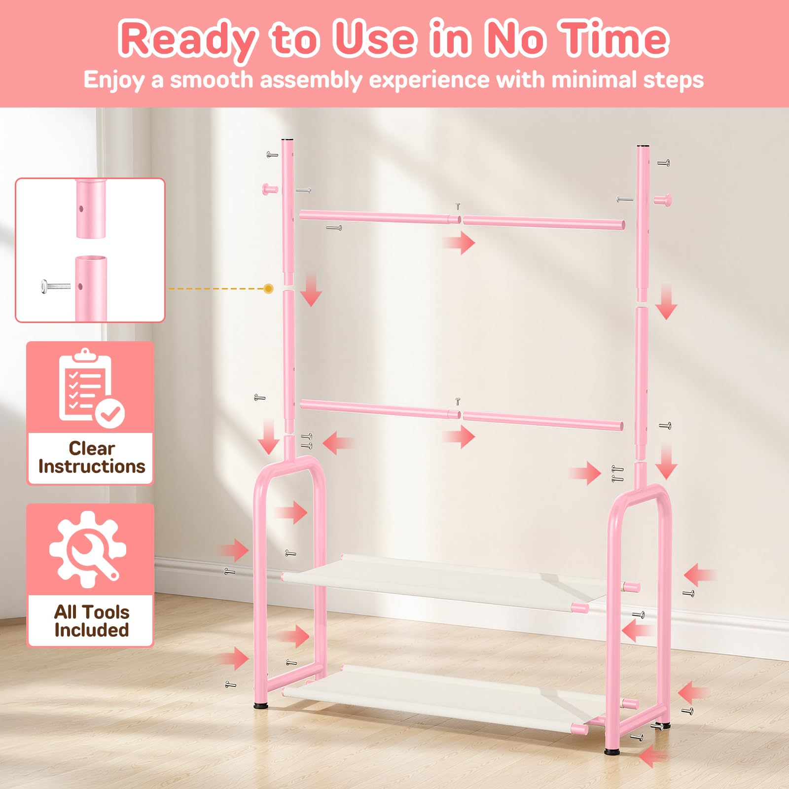 Bambini Abbigliamento Rack 2 Tier Baby Closet Rosa Toddler Dress up Rack | 2 aste appendiabiti, regolabili, per bambini da 0 a 9 anni, per bambini piccoli, per asilo e camera da letto