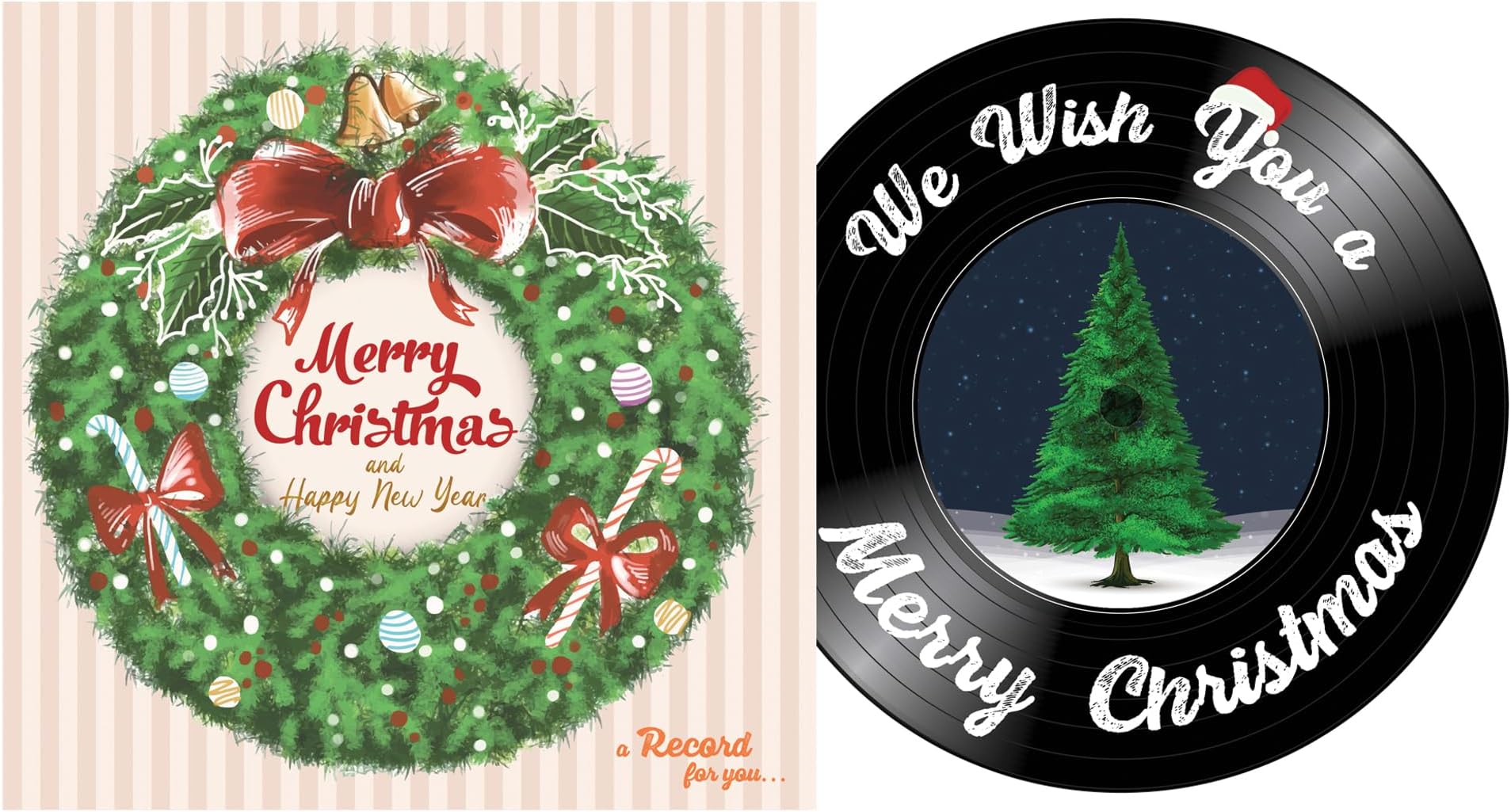 Vintage Christmas Greeting Card | Merry Christmas and Happy New Year Gift Card with Envelope and Holder | Retro A Record for You with Xmas Wreath and Tree Design | Unique Funny Xmas in Vinyl Record Style