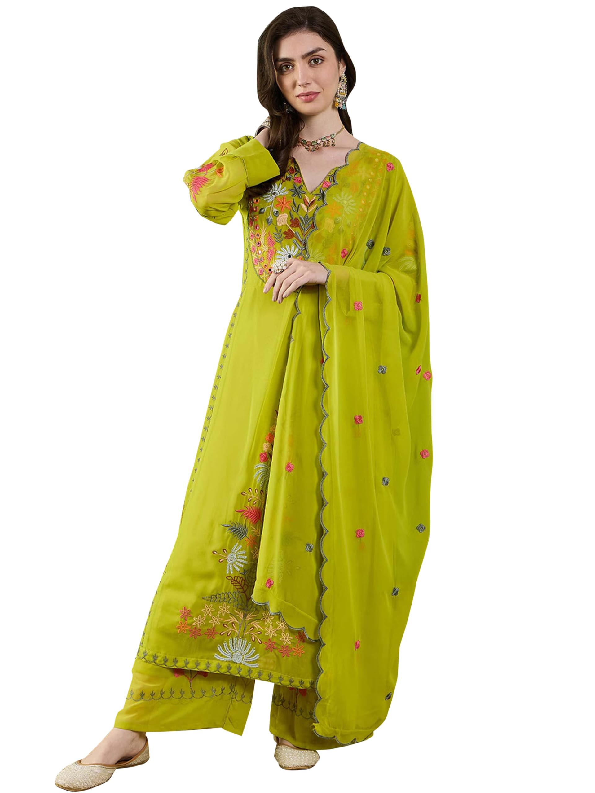 Fashion Basket Georgette Straight Floral Plazzo Kurta Set Green