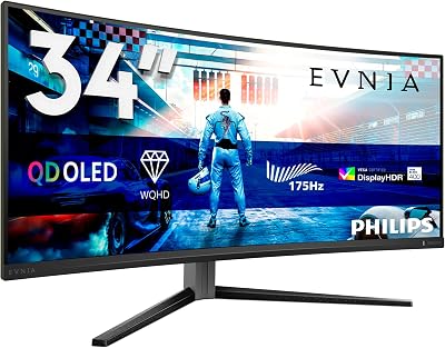PHILIPS Evnia 34M2C6500-34 Inch OLED WQHD Curved Gaming Monitor, 175 Hz, 0.03 ms, HDR400, Ambiglow, FreeSync Premium Pro, G-Sync comp. (3440×1440, 2X HDMI, DisplayPort, USB Hub) dark gray