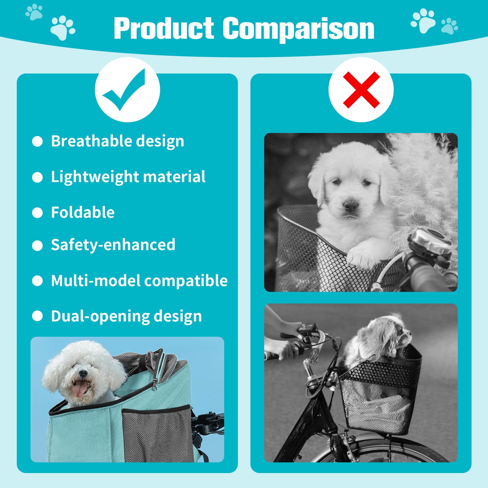 Hundekorb Fahrrad - 3 in 1 Hundekorb Fahrrad Vorne, 32×29×39 cm Faltbare Fahrradtasche für Haustiere, Maximale Tragfähigkeit 5 kg Geeignet für Tiergeschäfte, Baden, Picknicks, Krankenhäuser