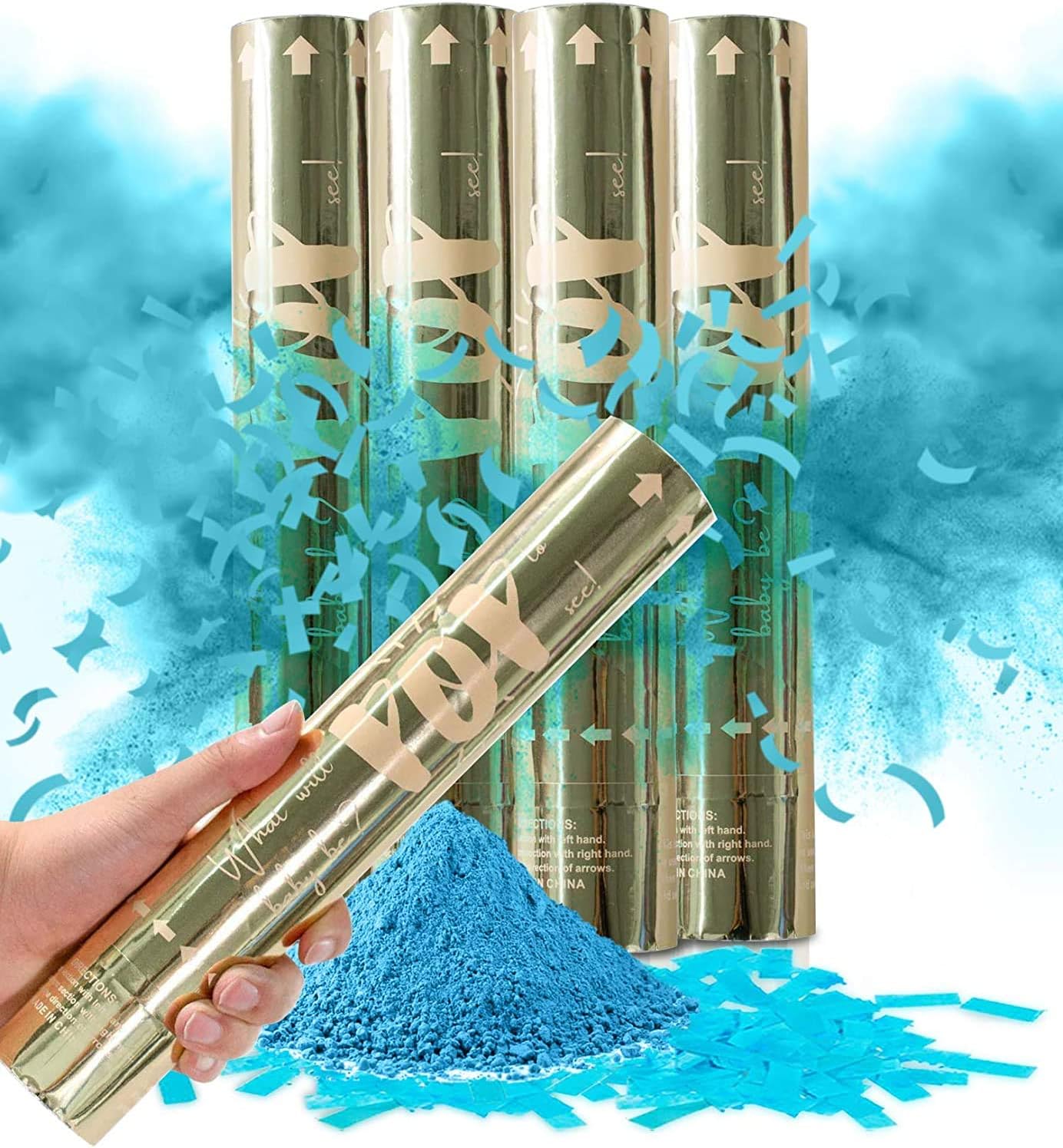 Revealations Gender Reveal Confetti Powder Cannons - Set of 4 Blue Gender Reveal Party Supplies Confetti Poppers - 100% Biodegradable Tissue Safe Powder Smoke Cannons