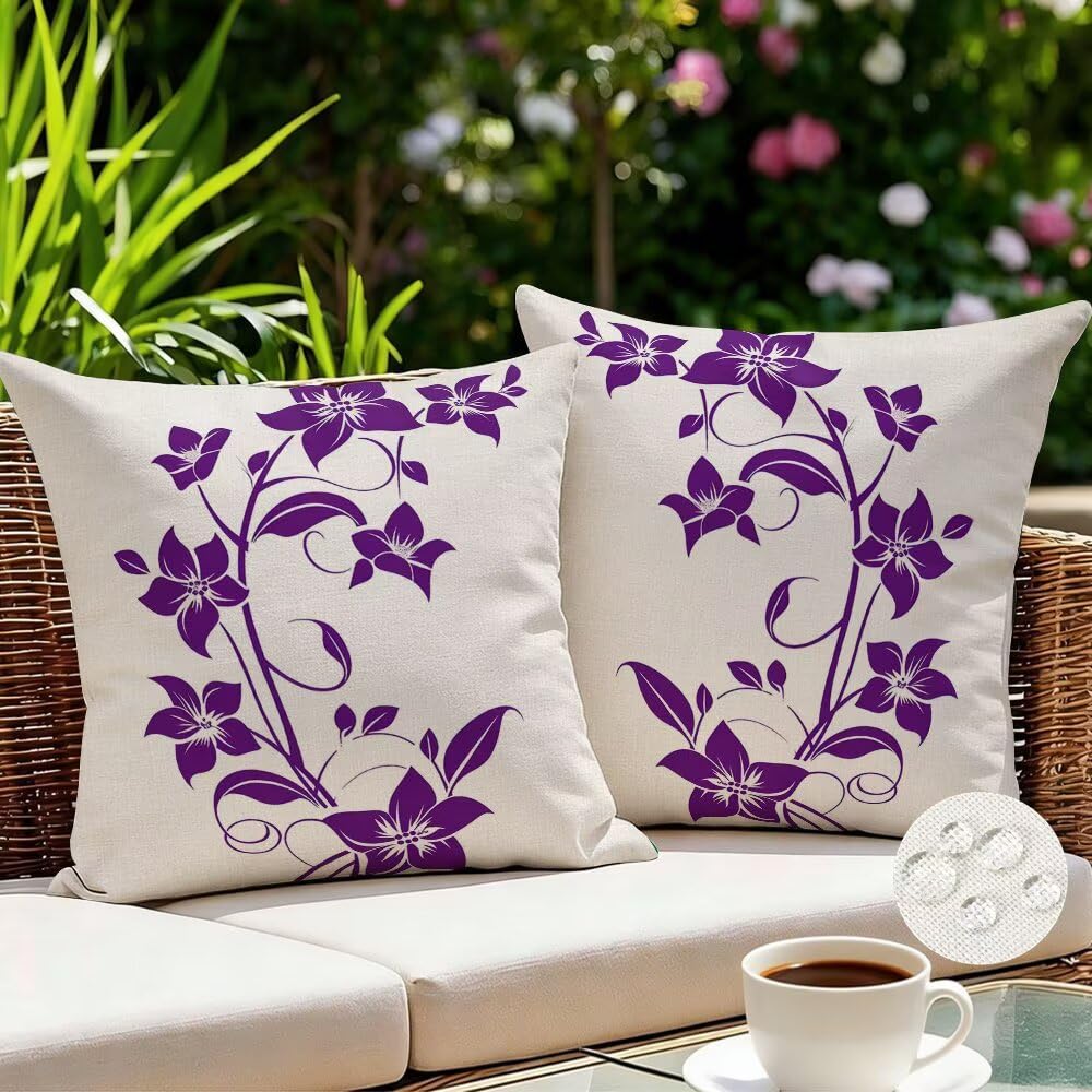 Federe Cuscini da Esterno Impermeabili 65x65 Viola Copri Cuscini per Divano Fiori Federa Cuscino Astratto Decorativi Copricuscini per Divano Giardino Patio Soggiorno Copricuscino Set di 2 (IU5)