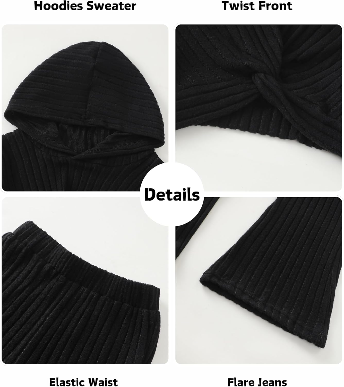XUANHAO Girls Clothes Fall Winter Teen Outfits for Girl Rib Knit Twist Front Hoodie Flare Pants Sweatsuit Girls Clothing Set - Image 5
