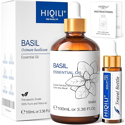 HIQILI Basil Essential Oil, 100% Pure & Natural, Diffuser in Bedroom, Yoga, Mediation for Calming Relaxation Mood, Hair Growth, Body Massage, DIY Sweet Herbal Scented Soap Gifts- 100ML