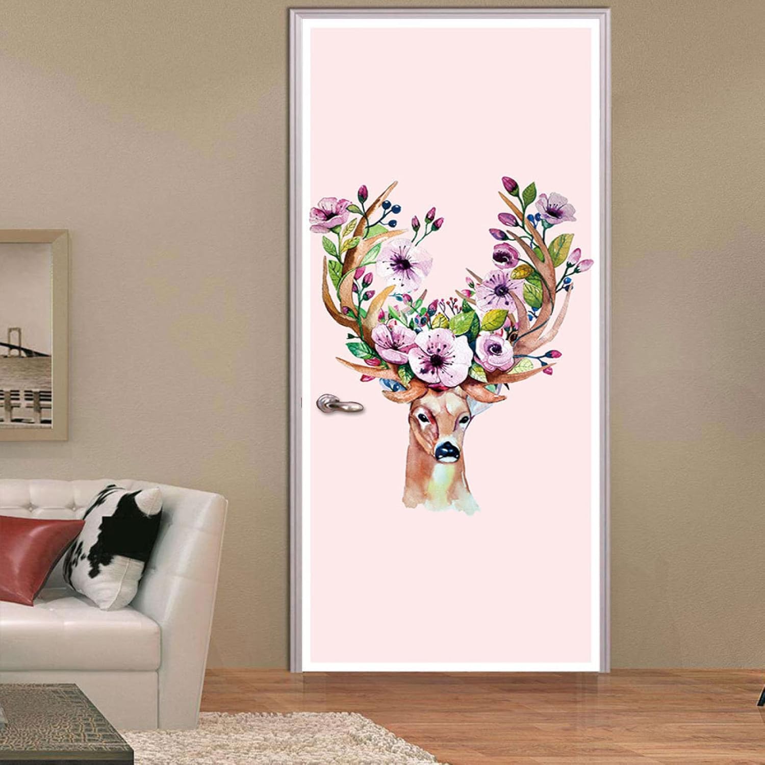 3D Door Murals Pink Flower Deer Kids Bedroom Living Room