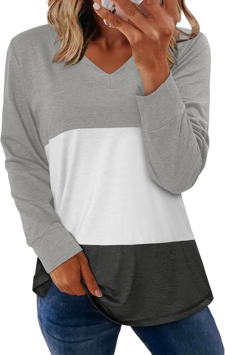 KISSMODA Long Sleeve Shirts For Women Color Block Tops Tunic Light Weight Sweaters Fall Fashion 2025 V Neck Blouse - Image 4