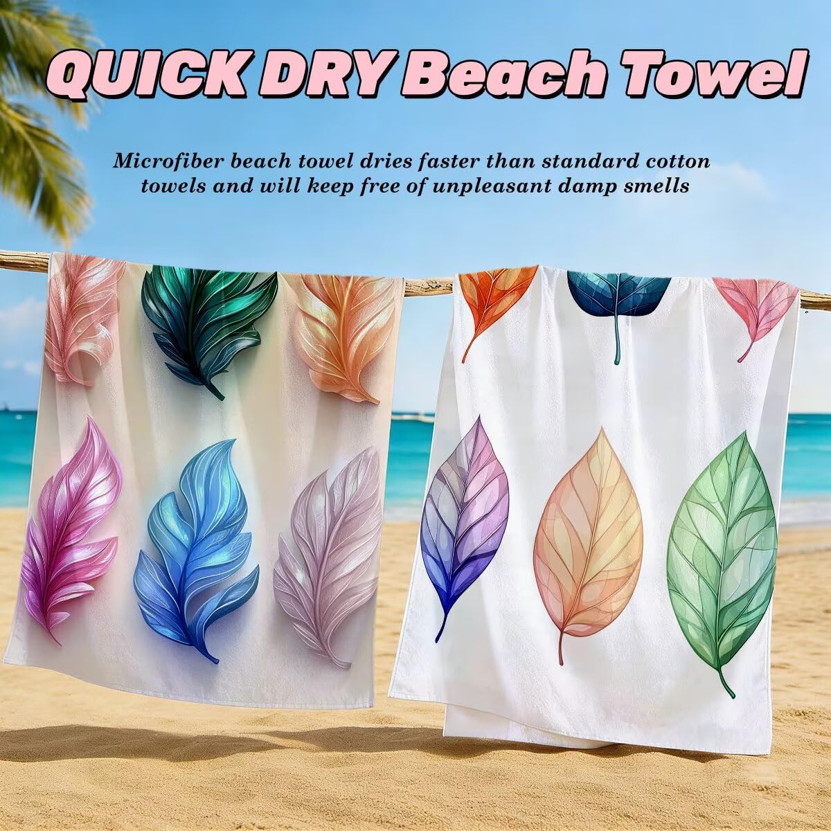 Juego de 2 Toalla Playa Grande 100x220 cm, Secado Rapido Toalla Microfibra Gimnasio, Antiarena Toallas de Playa Hoja, Grande Ligera Compacta Toallas Microfibra Mujer Hombre para Viaje Piscina -5078