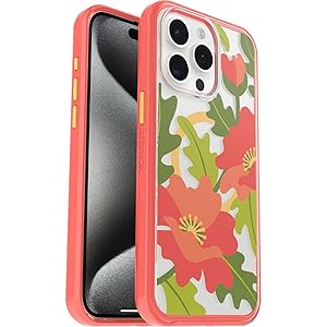 OtterBox iPhone 15 Pro MAX (Only) Symmetry Series Clear Case - QUILTED POPPIES (Red), snaps to MagSafe, ultra-sleek, raised edges protect camera & screen