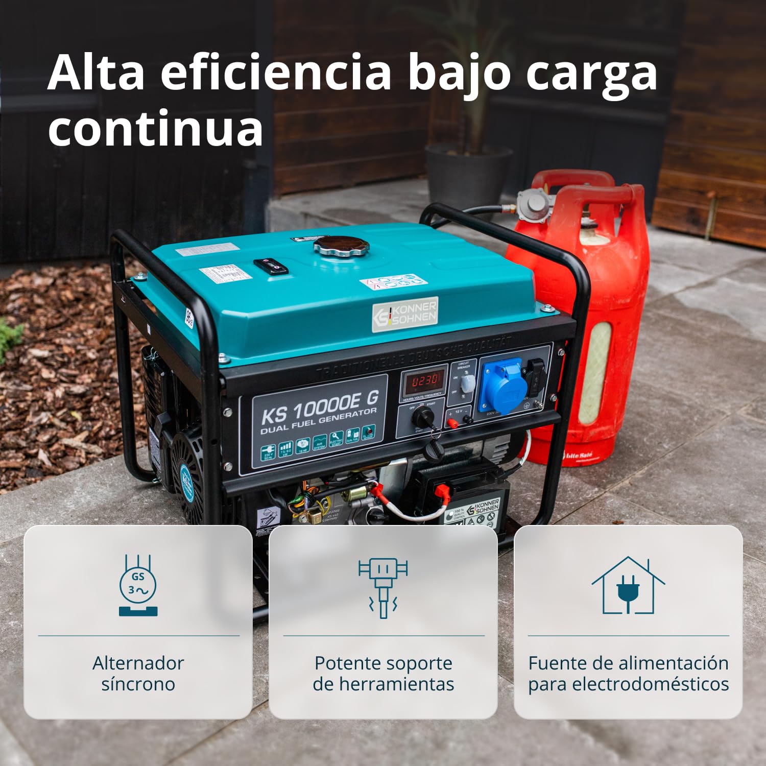 Könner & Söhner KS 10000E G - Generador de gasolina LPG híbrido de 4 tiempos, 7500 W, 1 generador de 16 A, 1 generador de 32 A, con regulador de voltaje automático de 230 V,