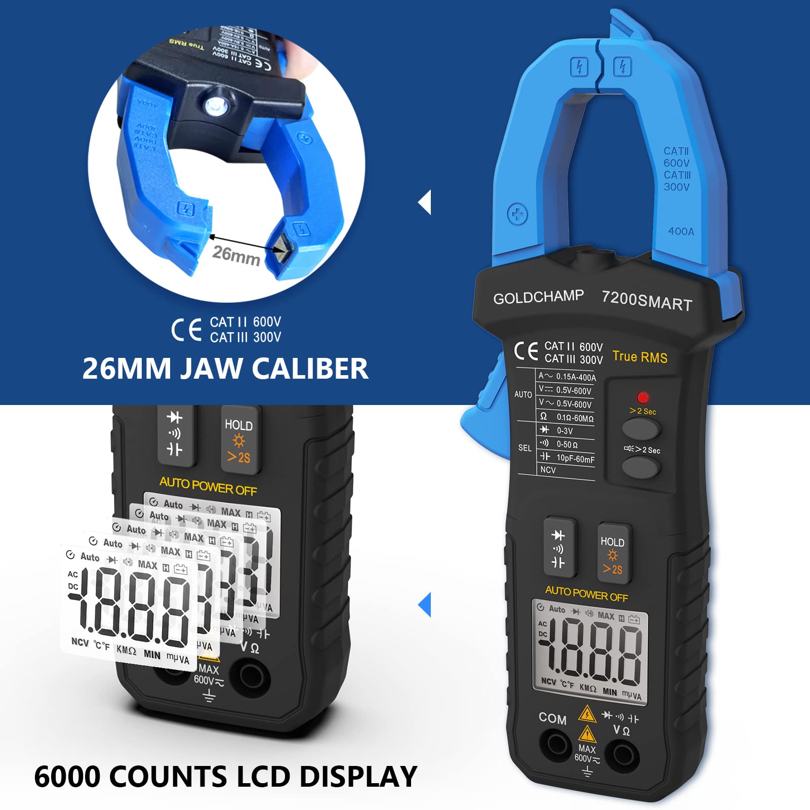 Clamp Meter Multimeter Tester AC/DC 6000 Counts Measures Capacitance, Resistance, Continuity, Diode, TRMS NCV with Auto Range - Image 3