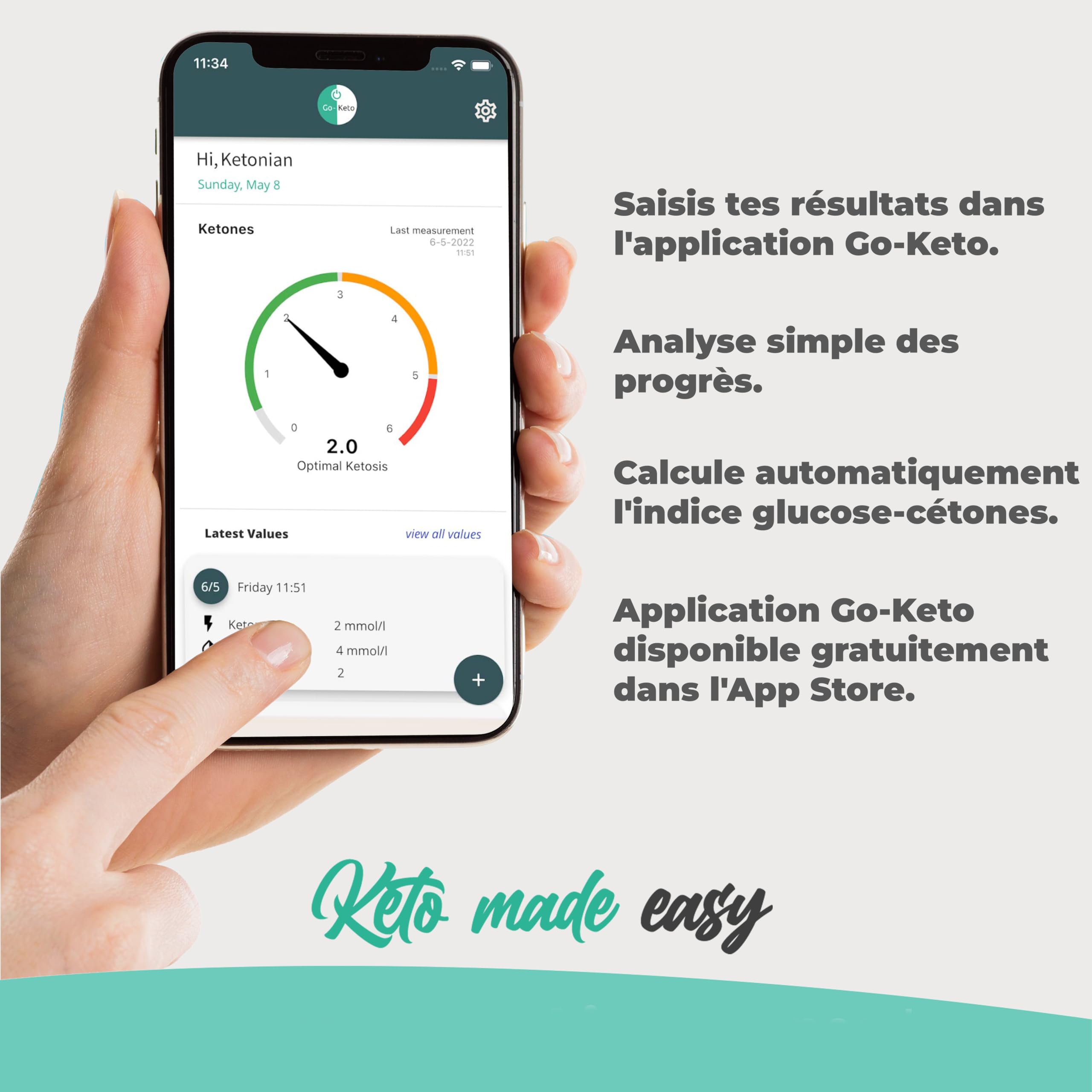 Go-Keto Kickstart Set | Cétones Mesureur, 10 bandelettes de test de cétone | Ketone Check pour la maison