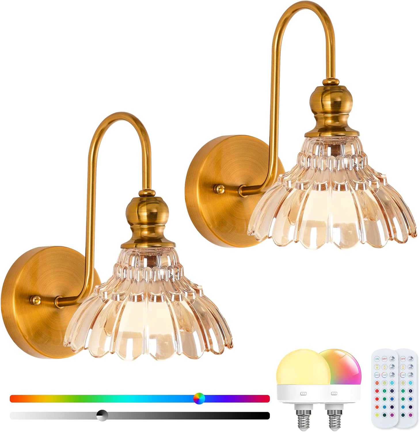 Vintage Battery Operated Wireless Wall Sconces, Rechargeable Battery with Flower Glass Shade Wall Lights,Farmhouse Vanity Lamp with Remote for Dining Room Hallway Living Room, Set of Two (Amber)