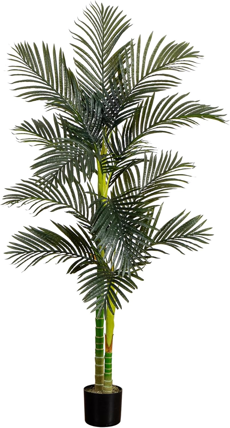 Nearly Natural 6ft Golden Cane Palm Tree, Artificial Double Stalk with Lifelike Leaves, Bendable Branches, Includes Nursery Planter, Ideal for Indoor Decor, Vibrant Green