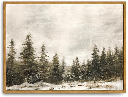 Roslynity Lienzo enmarcado para pared, pinturas de impresión vintage, bosque de pinos de invierno, Navidad, paisaje rústico, campo, nieve, obra de