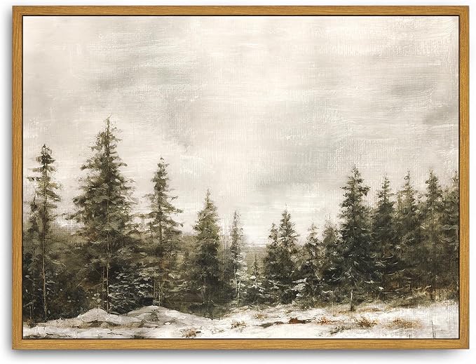 Roslynity Framed Canvas Wall Art Vintage Print Paintings Winter Pine Tree Forest Christmas Rustic Landscape Country Snow Retro Nature Artwork for Home Living Room Bathroom Wall Decor (12
