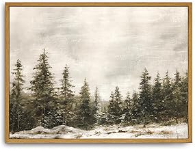 Roslynity Framed Canvas Wall Art Vintage Print Paintings Winter Pine Tree Forest Christmas Rustic Landscape Country Snow Retro Nature Artwork for Home Living Room Bathroom Wall Decor (12"x16")