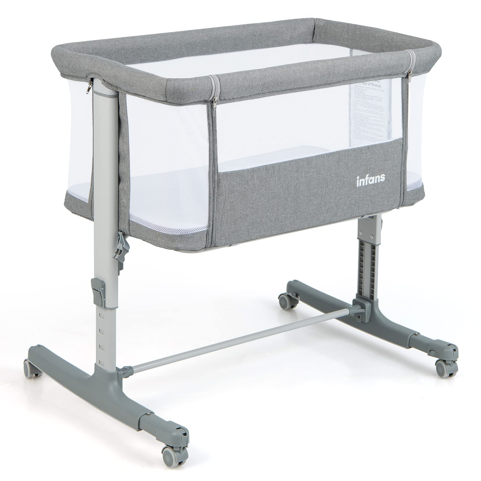 LIFEZEAL 3 in 1, culla regolabile in altezza a 5 livelli, culla con materasso, lettino da viaggio mobile su ruote con navicella, culla per bambini dalla nascita fino a 9 kg (grigio chiaro)