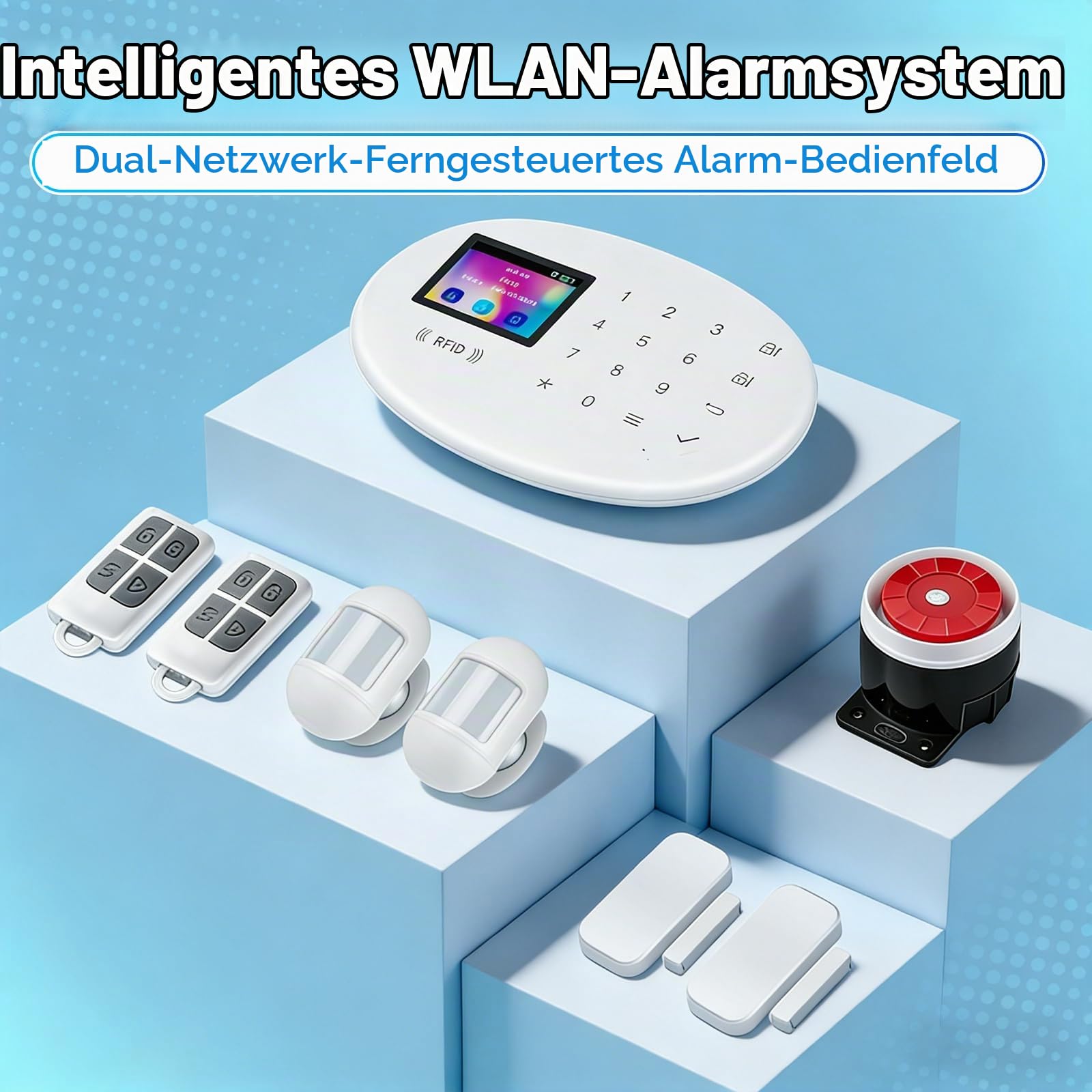 TOWODE W204 Kabelloses Haus-Alarmanlage - Batterie & Netzstrom Doppelversorgung mit Bewegungssensoren, Türsensoren und Funkfernbedienungen für Wohnungen & Häuser （weiß）