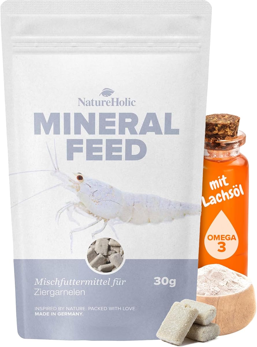 NatureHolic - Garnelenfutter Mineralfeed I Mineralfutter für Garnelen, Krebse und Krabben I Made in Germany I Frei von Fischmehl und minderwertigen Tiermehlen I Für Aquarienschnecken auch geeignet
