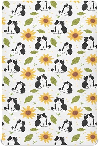 Kigai Cat Sunflower Fitted Crib Sheet for Girls and Boys Soft Breathable for Standard Crib Toddler Bed Mattress 28 x 52 in