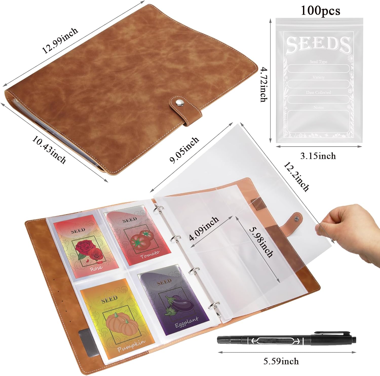 Garden Seed Storage Organizer Binder: 100 Resealable Envelopes + 25 Sheet 100 Pockets Protectors | Durable Organizer for Seed Packets, Saving & Planting - Brown image 2