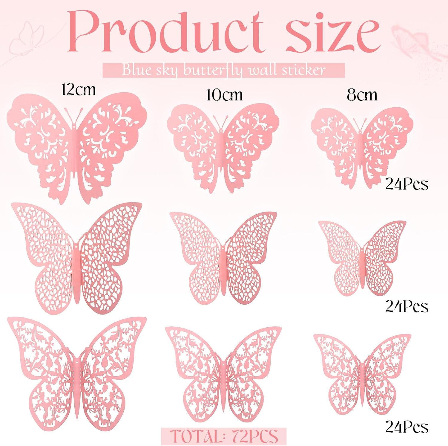 Bememo 72 Pieces 3D Butterfly Wall Decals Sticker Decal Wall Decor Art Decorative Sticker 3 Sizes for Room Offices Bedroom Bathroom Living Room Decor(Light Pink)