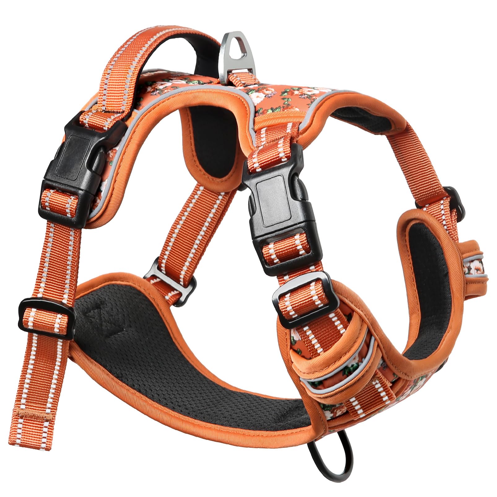 HEELE Pettorina Cane, Imbracatura Sganciata Rapido dal Collo, Pettorina Anti-tiro Riflettente e Regolabile con Maniglia Comoda, Morbida e Imbottita per Cani Piccola Media Grande, Floral-Arancione L