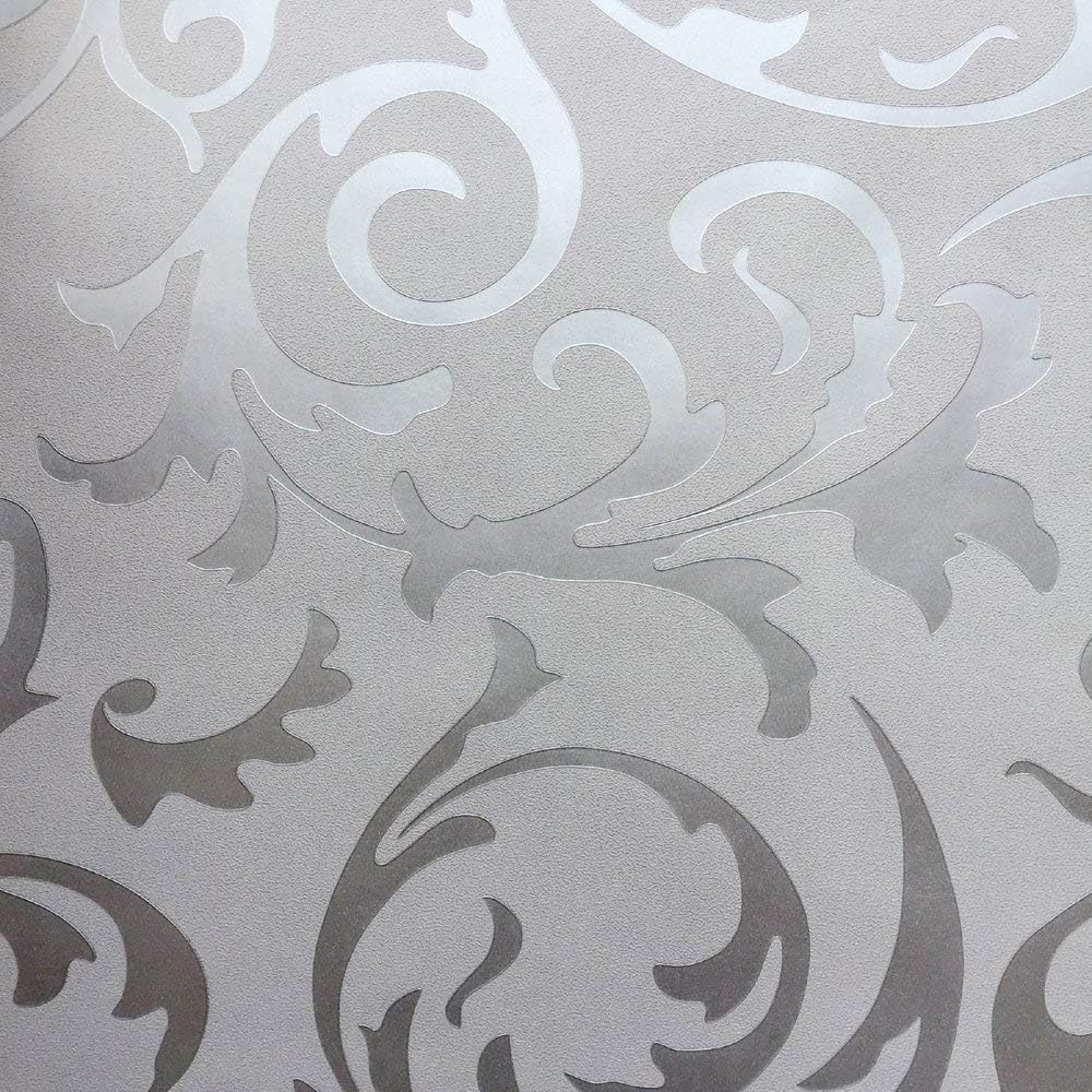 10m Length Sliver&Gray Netherland Victorian Damask 3D Embossed Textured Wallpaper 1.73' w x 32.8' L