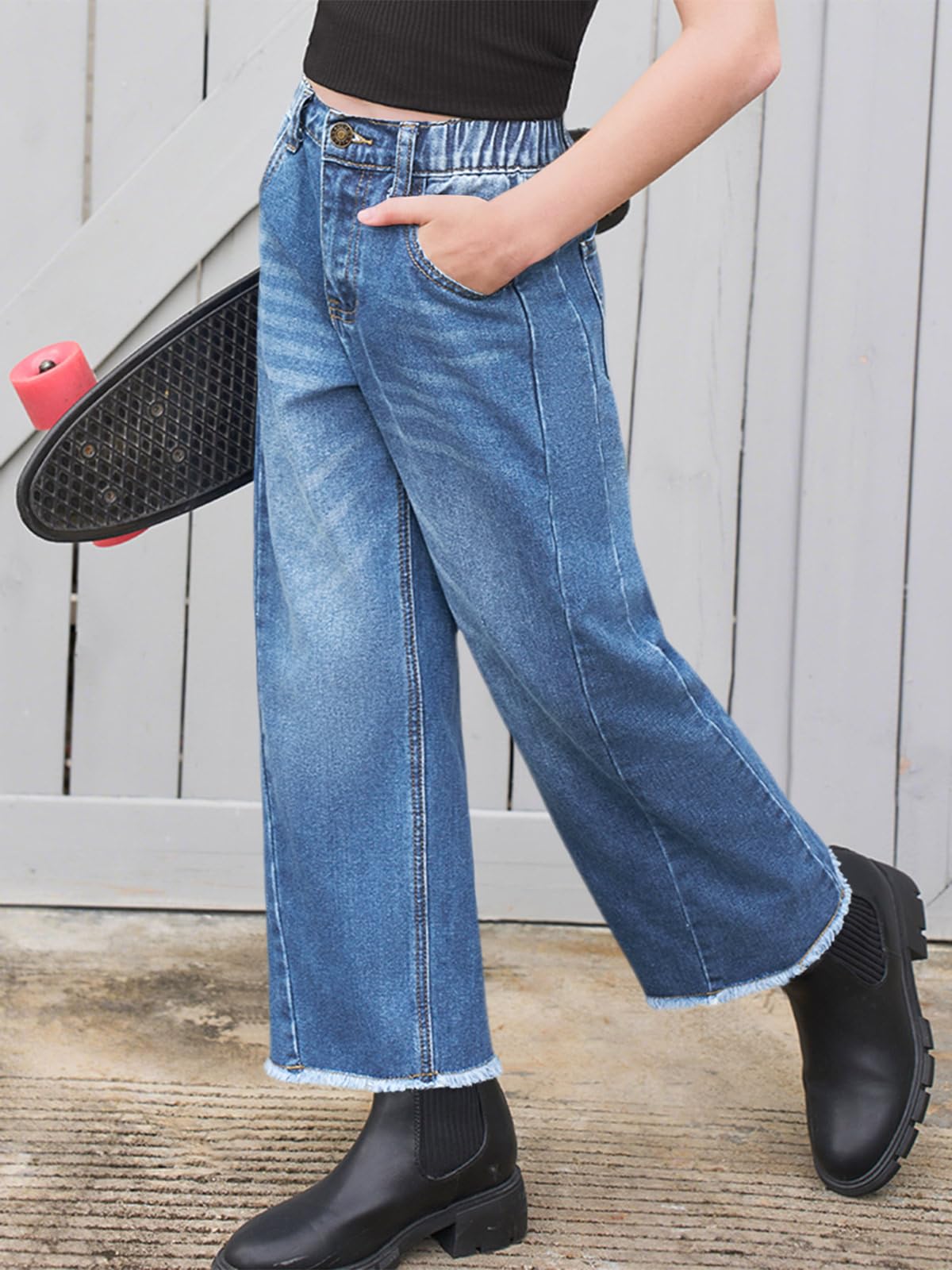Haloumoning Jeans a gamba larga per bambine con tasche, 5-14 anni | Elastico a vita alta, orlo grezzo