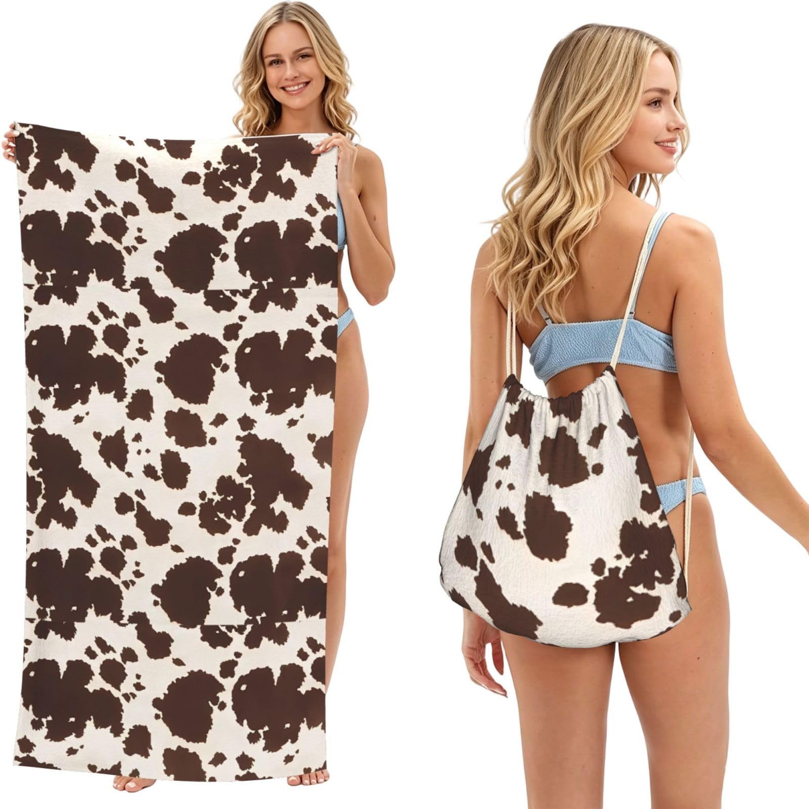 Poadnly Brown Cow Spots, 2 in 1 Packable Towel Bag, Beach Towels with Drawstring Backpack for Travel Holiday Camping
