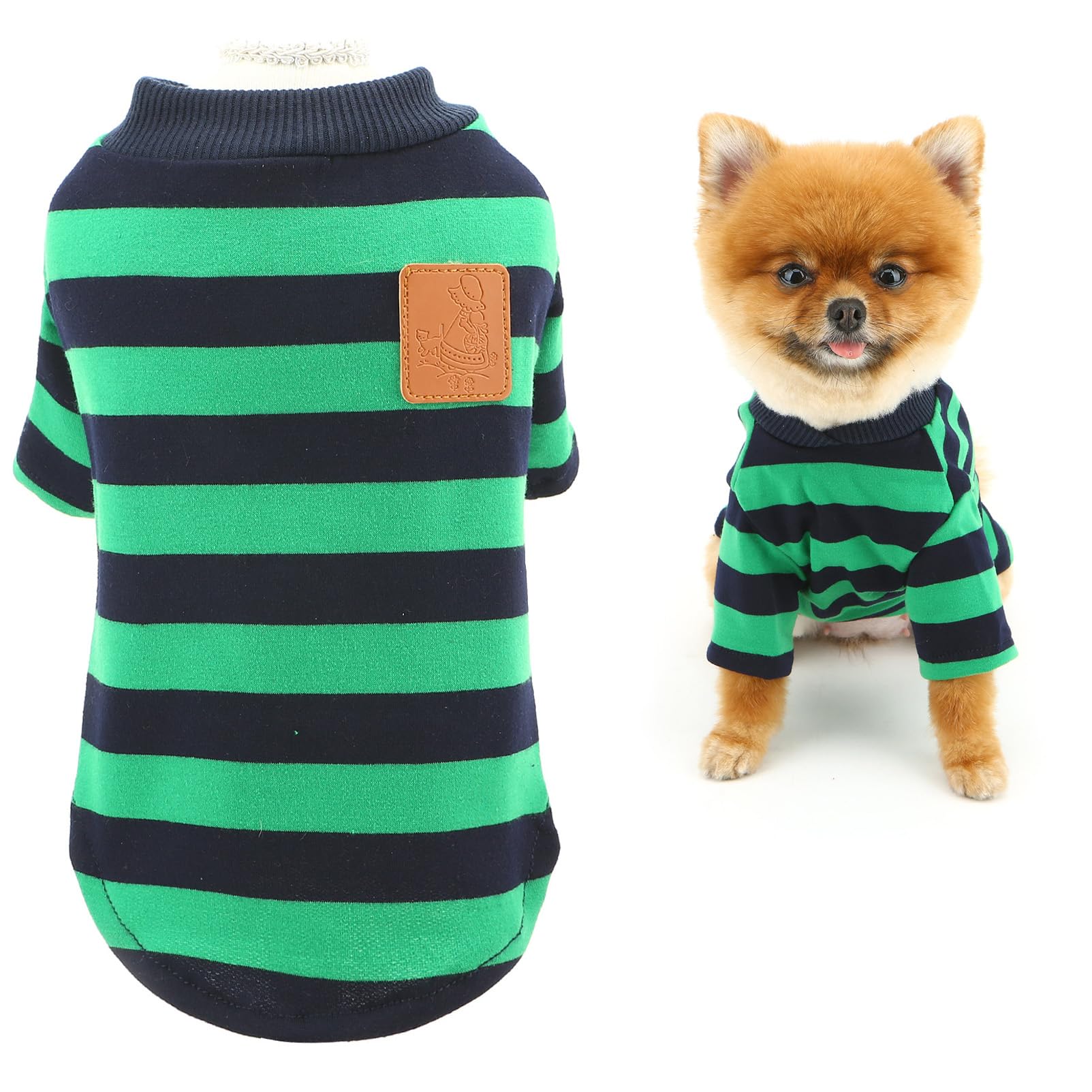 SMALLLEE_LUCKY_STORE Classic Striped Dog Shirt for Small Dog Pet Pullover T-Shirt with Patch Spring Summer Clothes Breathable Puppy Tee Shirt Chihuahua Yorkie Cat Apparel, Green, M