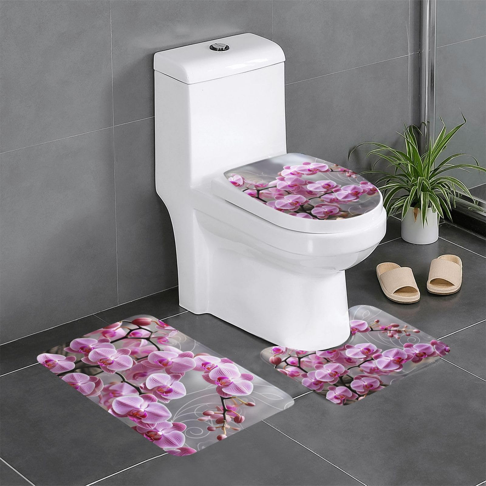 Housse d'abattant et tapis de bain orchidée pour éviter le sol froid des WC