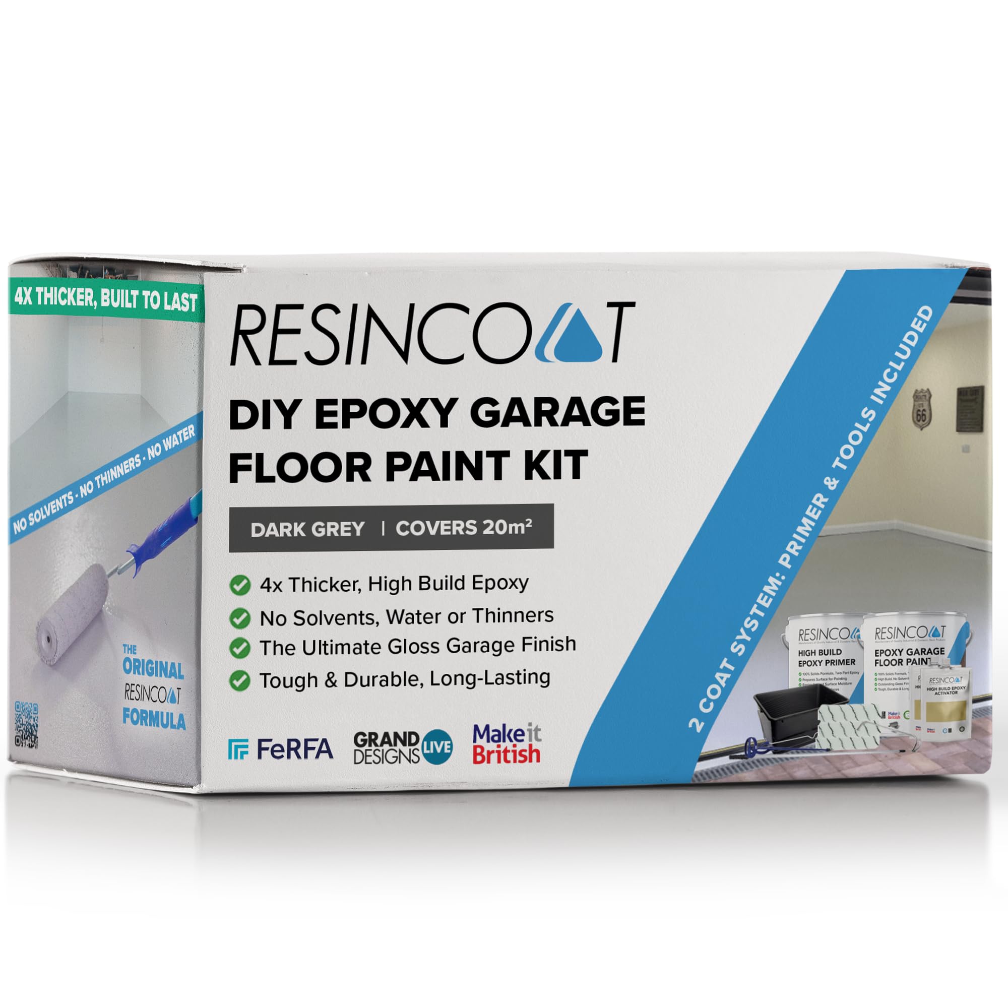 Resincoat Epoxy Garage Floor Paint Kit – Complete Primer, Paint & Tools Bundle – Covers up to 20m² – 4x Thicker High Build Coating for Concrete Floors – Durable Gloss Finish – Made in UK (Dark Grey)