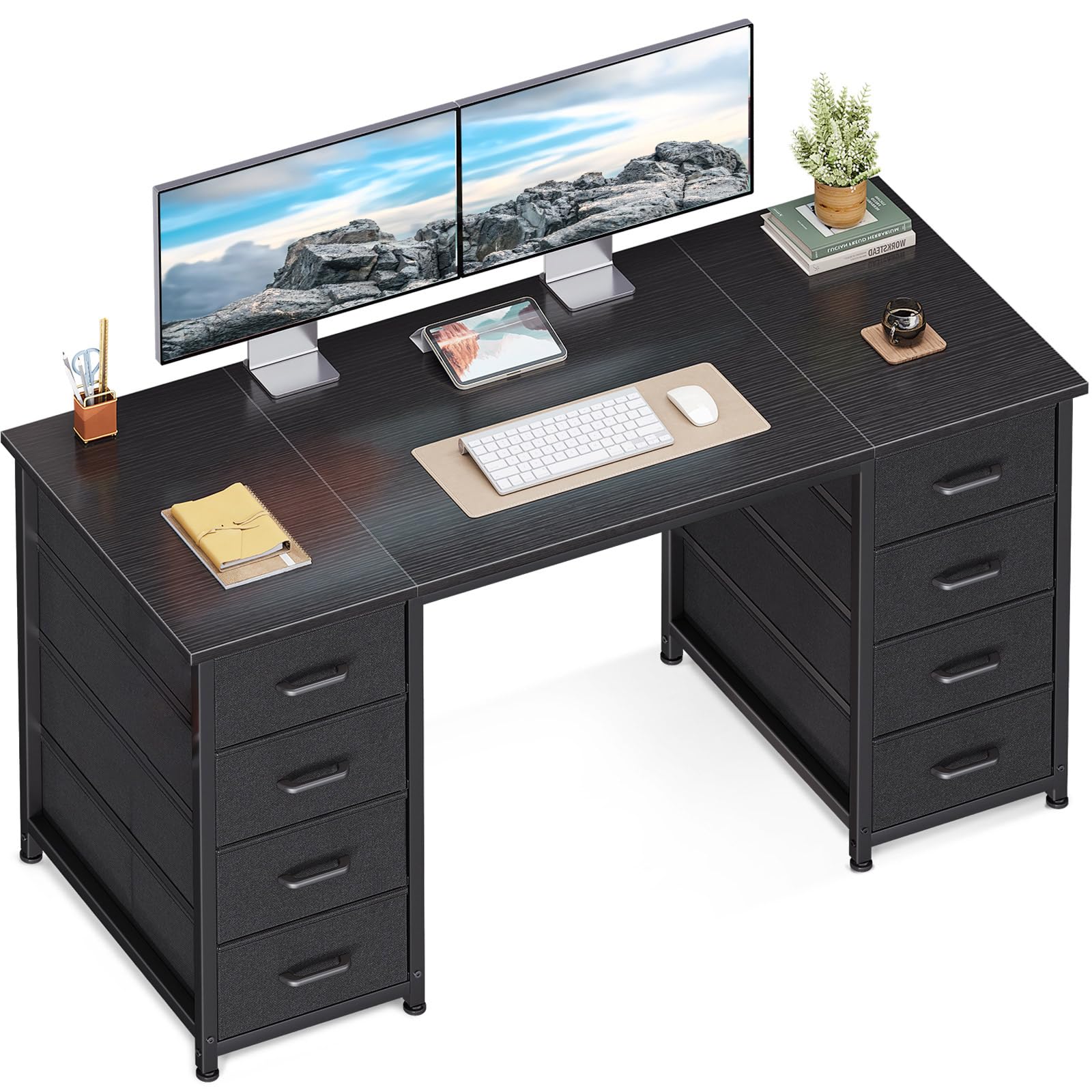 Coleshome Schreibtisch mit 8 Schubladen, Bürotisch, Computertisch mit Stoffschubladen Arbeitstisch für Home Office, Arbeitszimmer