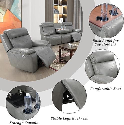 Miniatura 2 de GEBADOL Juego de sofá reclinable eléctrico con luces LED juego de muebles de piel de aire con puerto USB consola de almacenamiento portavasos de