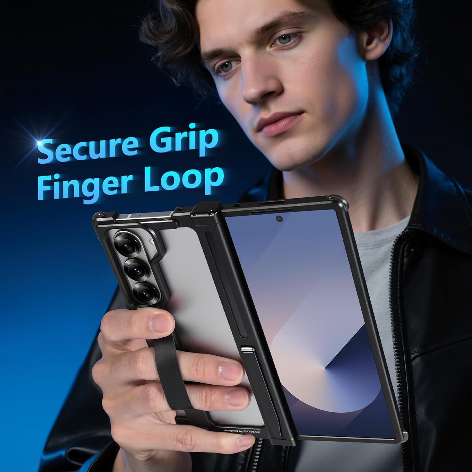 for Samsung Galaxy Z Fold 6 Case with Strap & Kickstand, No Back Z Fold 6 Metal Case with Wristband, Slim Bumper Phone Cover for Galaxy Z Fold6 with Screen Protector & Hinge Protector, Black
