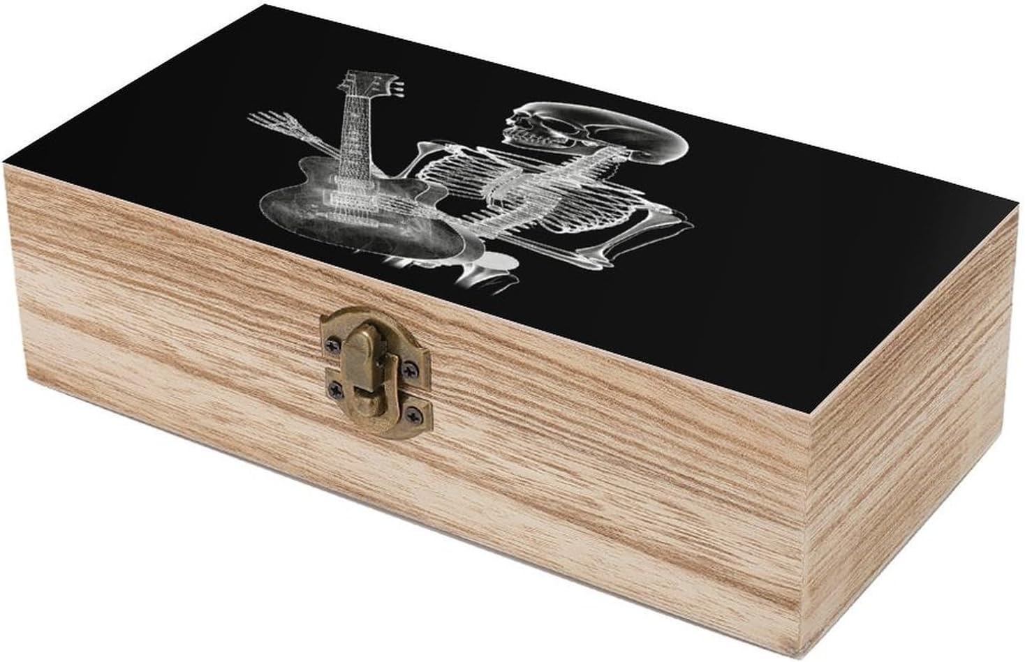 Abstract X-ray Skull Skeleton Playing Guitar Wood Storage Box with Lid Solid Wood Storage Box Vintage Storages Case Commemorative Jewelry Case for Women Gift Souvenirs Photos Valentine's Day