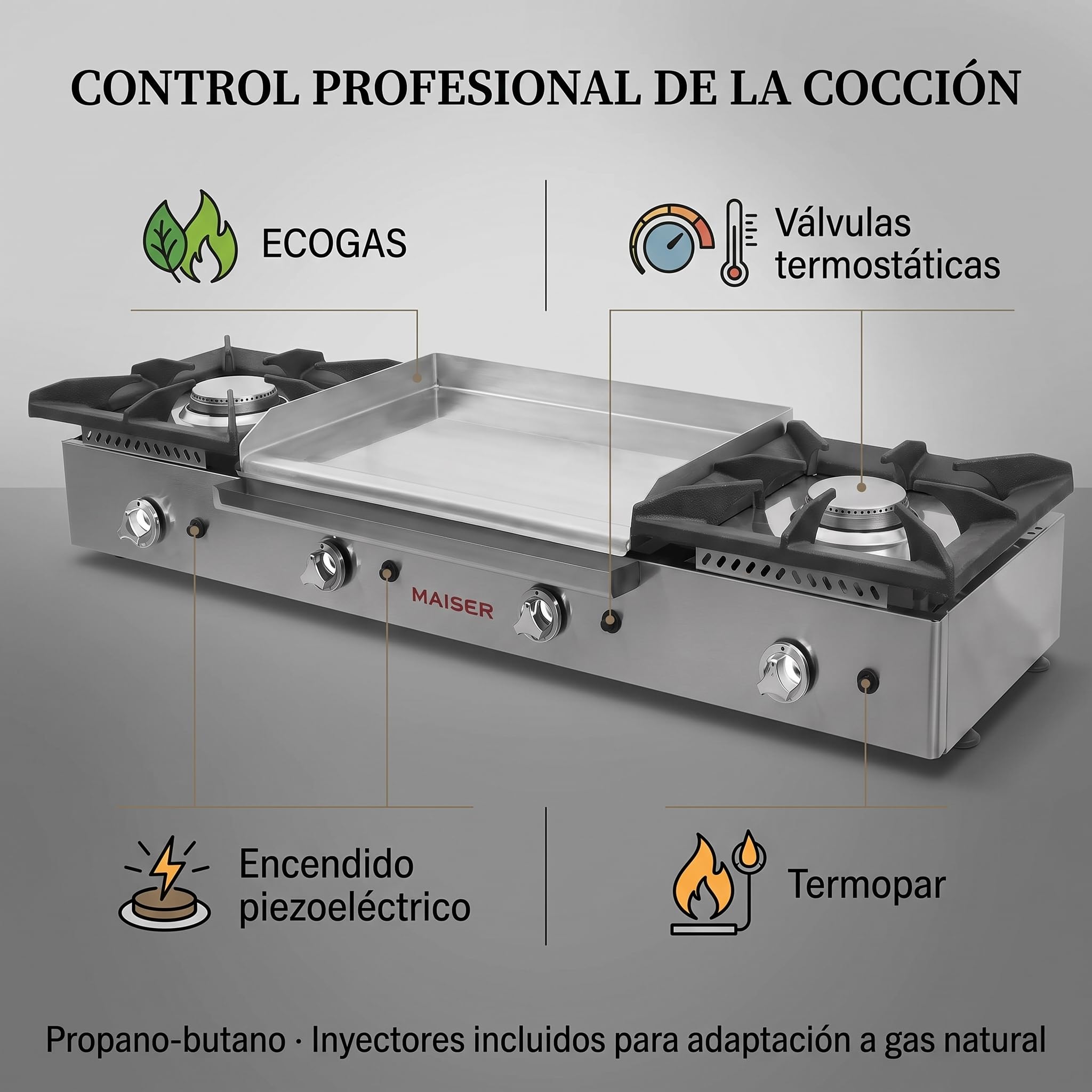 Cocina Gas Butano con Plancha Cromo Duro 60 cm, 2 Fuegos