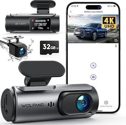 Kamera samochodowa WOLFANG 4K przednia i tylna kamera samochodowa Wi-Fi z kartą SD 32 GB, podwójna kamera samochodowa z noktowizorem, nagrywanie w pętli, czujnik G, szeroki kąt 170, osłona parkowania
